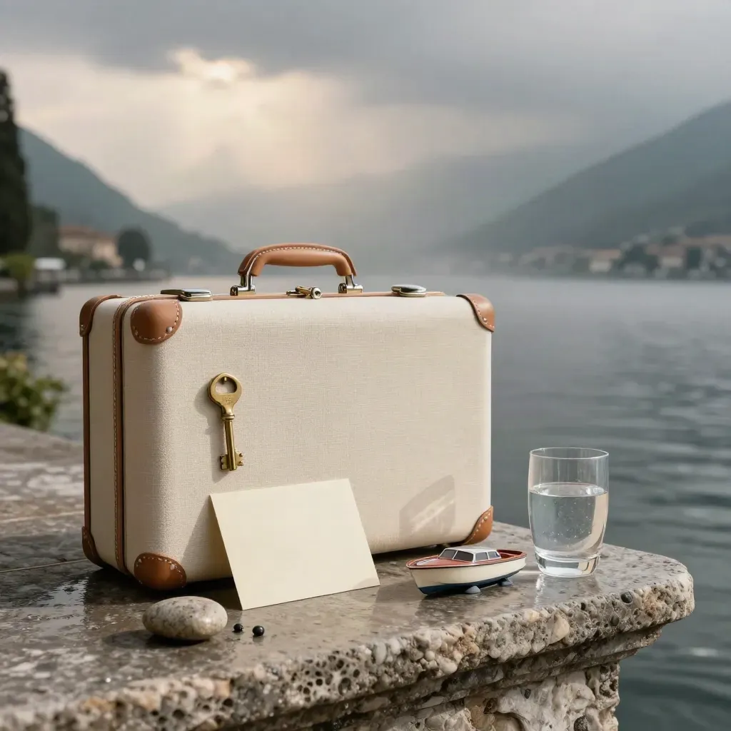 Cofanetto viaggio in lino avorio con chiave in ottone e barchetta sul Lago di Como all'alba