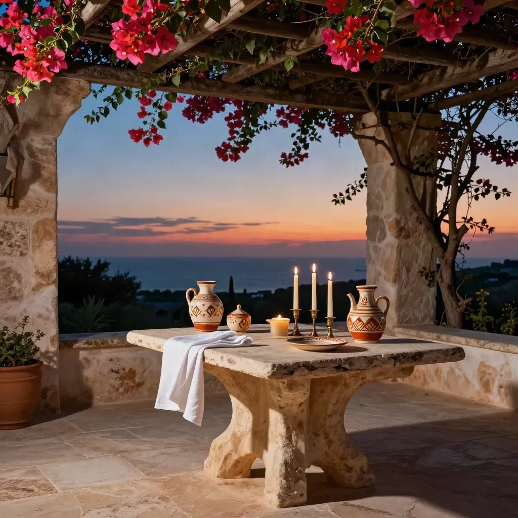 Suite di masseria al tramonto con tavolo romantico, candele e mare lontano