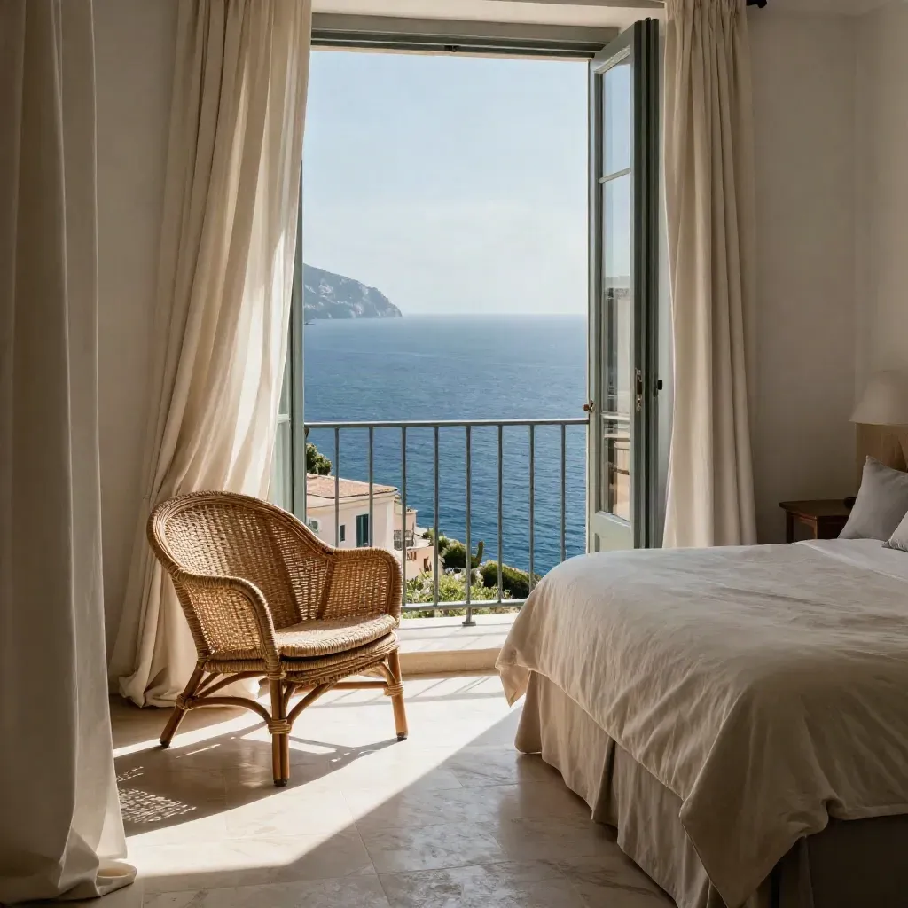 Suite elegante a Portofino con sedia in rattan, tende mosse dal vento e vista mare.
