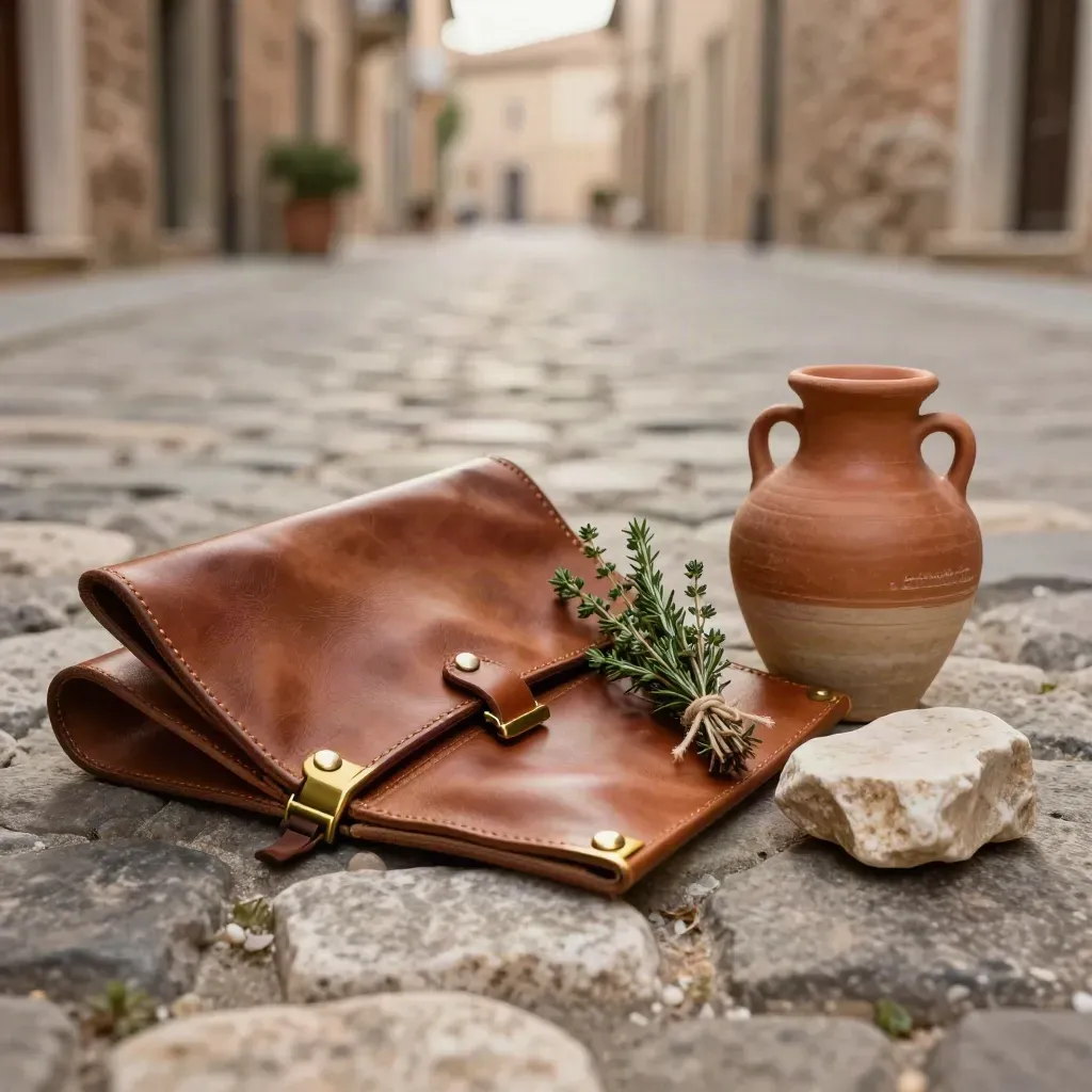 Kit da weekend umbro con folio in cuoio, ceramica terracotta ed erbe su pietra antica