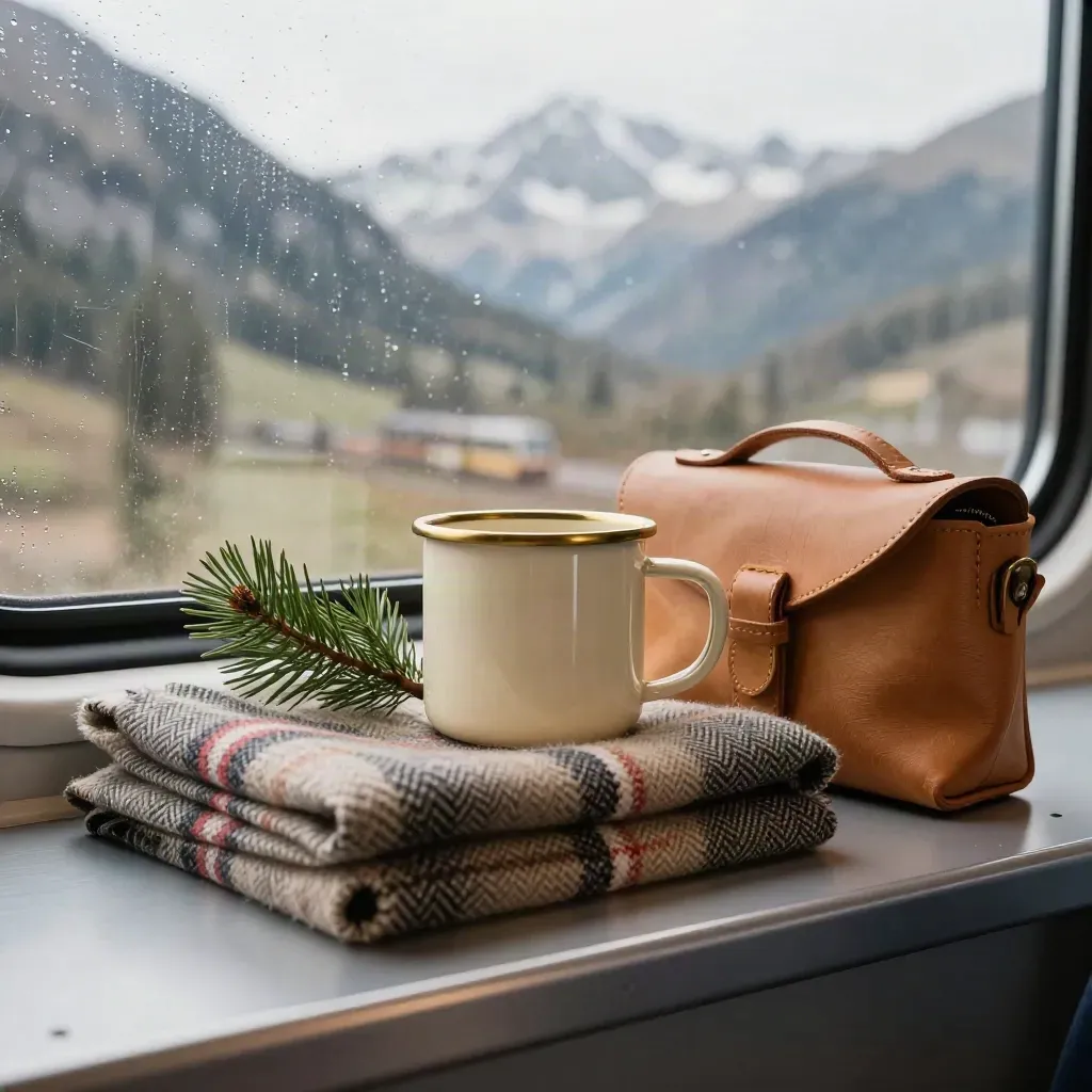 Kit viaggio in treno con plaid di lana, tazza smaltata, pino e finestrino con condensa