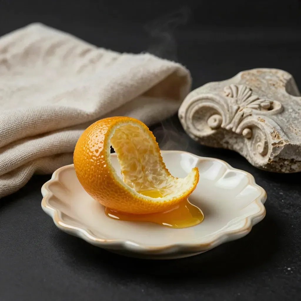 Set barocco siciliano con ceramica avorio, scorza d'agrumi, lino chiaro e pietra scolpita.