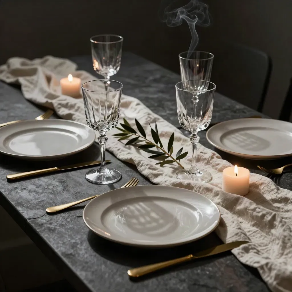 Tavola privata per due con candele accese, calici, ulivo e lino su pietra scura